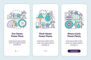 Geothermal power plants onboarding mobile app screen. Walkthrough 3 steps editable graphic instructions with linear concepts. UI, UX, GUI template. Myriad Pro-Bold, Regular fonts used