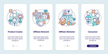 Parties in affiliate marketing onboarding mobile app screen. Business walkthrough 4 steps editable graphic instructions with linear concepts. UI, UX, GUI template. Myriad Pro-Bold, Regular fonts used