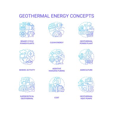 Geothermal energy blue gradient concept icons set. Power station. Generate electricity idea thin line color illustrations. Isolated symbols. Roboto-Medium, Myriad Pro-Bold fonts used