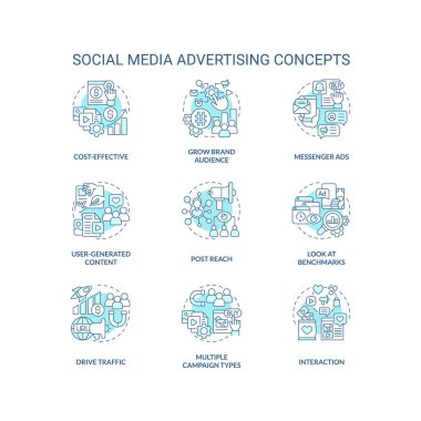 Social media advertising turquoise concept icons set. SMM technology for business idea thin line color illustrations. Isolated symbols. Editable stroke. Roboto-Medium, Myriad Pro-Bold fonts used