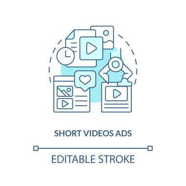 Short videos ads turquoise concept icon. Products presentation. Social media promo abstract idea thin line illustration. Isolated outline drawing. Editable stroke. Arial, Myriad Pro-Bold fonts used