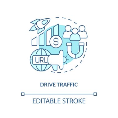 Drive traffic turquoise concept icon. Conversions. Social media advertising goal abstract idea thin line illustration. Isolated outline drawing. Editable stroke. Arial, Myriad Pro-Bold fonts used