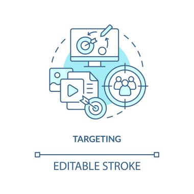 Targeting turquoise concept icon. Focus on audience. Social media advertising benefit abstract idea thin line illustration. Isolated outline drawing. Editable stroke. Arial, Myriad Pro-Bold fonts used