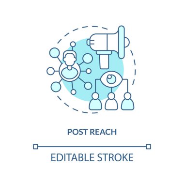 Post reach turquoise concept icon. Social media advertising metric abstract idea thin line illustration. Isolated outline drawing. Editable stroke. Arial, Myriad Pro-Bold fonts used