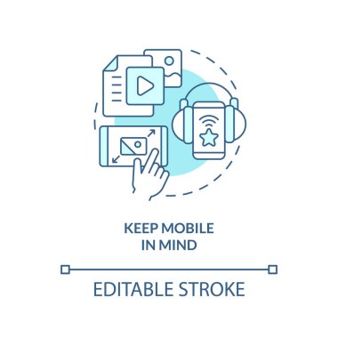 Keep mobile in mind turquoise concept icon. Social media advertising tip abstract idea thin line illustration. Isolated outline drawing. Editable stroke. Arial, Myriad Pro-Bold fonts used