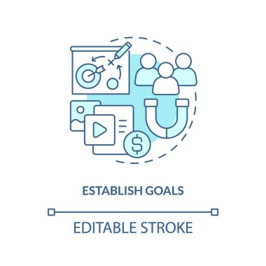 Establish goals turquoise concept icon. Get started with social media advertising abstract idea thin line illustration. Isolated outline drawing. Editable stroke. Arial, Myriad Pro-Bold fonts used