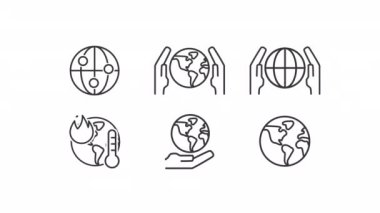 Animated save earth linear icons. Planet conservation. Prevent global warming. Seamless loop HD video with alpha channel on transparent background. Outline motion graphic animation