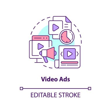Video ads concept icon. Visually appealing content. Type of social media promo abstract idea thin line illustration. Isolated outline drawing. Editable stroke. Arial, Myriad Pro-Bold fonts used