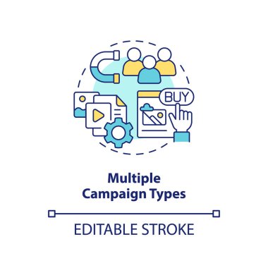 Multiple campaign types concept icon. Effective ads. Social media advertising tip abstract idea thin line illustration. Isolated outline drawing. Editable stroke. Arial, Myriad Pro-Bold fonts used