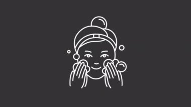 Animated treatment white line icons. Applying products. Cleansing mask. Loop HD video with chroma key, alpha channel on transparent background, black solid background. Outline motion graphic animation