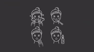 Animated acne care white line icons. Pimples removal. Applying product. Loop HD video with chroma key, alpha channel on transparent background, black solid background. Outline motion graphic animation
