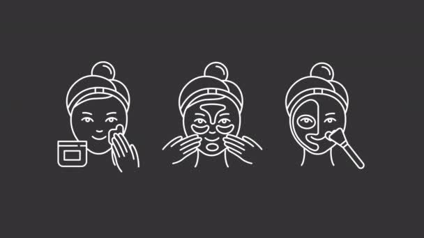 Animated Face Care White Line Icons Applying Facial Cream Mask — Stockvideo
