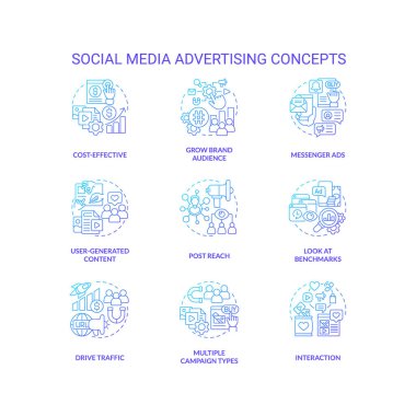 Social media advertising blue gradient concept icons set. SMM technology for business idea thin line color illustrations. Isolated symbols. Roboto-Medium, Myriad Pro-Bold fonts used