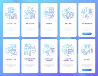 SMM benefits and tips blue gradient onboarding mobile app screens set. Walkthrough 5 steps graphic instructions with linear concepts. UI, UX, GUI template. Myriad Pro-Bold, Regular fonts used