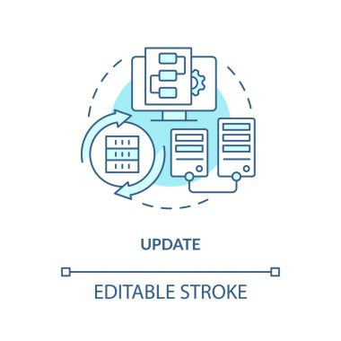 Update turquoise concept icon. Receive committed version. Source control strategy abstract idea thin line illustration. Isolated outline drawing. Editable stroke. Arial, Myriad Pro-Bold fonts used