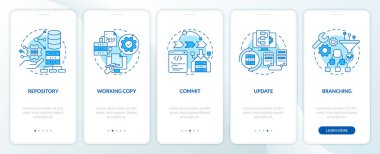 Source control parts blue onboarding mobile app screen. Code writing walkthrough 5 steps editable graphic instructions with linear concepts. UI, UX, GUI template. Myriad Pro-Bold, Regular fonts used