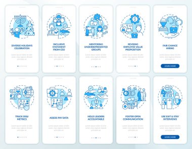 DEI programs for workplace blue onboarding mobile app screens set. Walkthrough 5 steps editable graphic instructions with linear concepts. UI, UX, GUI template. Myriad Pro-Bold, Regular fonts use