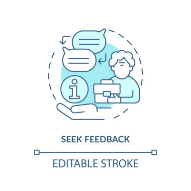 Seek feedback turquoise concept icon. Tip for younger managers with older employees abstract idea thin line illustration. Isolated outline drawing. Editable stroke. Arial, Myriad Pro-Bold fonts used