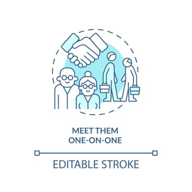 Meet them one on one turquoise concept icon. Younger managers with older employees abstract idea thin line illustration. Isolated outline drawing. Editable stroke. Arial, Myriad Pro-Bold fonts used