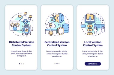 Version control systems types onboarding mobile app screen. Walkthrough 3 steps editable graphic instructions with linear concepts. UI, UX, GUI template. Myriad Pro-Bold, Regular fonts used