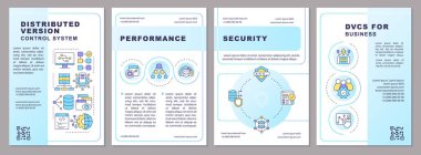 Distributed version control system blue gradient brochure template. Leaflet design with linear icons. 4 vector layouts for presentation, annual reports. Arial-Bold, Myriad Pro-Regular fonts used