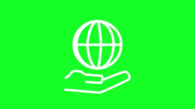 Animated globe, hand white line icon. Internet provider. Cyberspace. Loop HD video with chroma key, alpha channel on transparent background, black solid background. Outline motion graphic animation