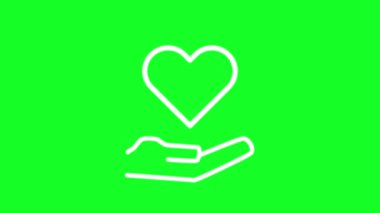 Animated hand, heart white line icon. Provide love and support. Loop HD video with chroma key, alpha channel on transparent background, black solid background. Outline motion graphic animation