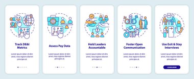 Making DEI efforts effective practices onboarding mobile app screen. Walkthrough 5 steps editable graphic instructions with linear concepts. UI, UX, GUI template. Myriad Pro-Bold, Regular fonts use