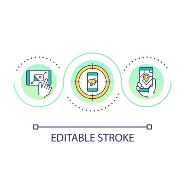 Advertising in mobile apps loop concept icon. Share information on social media. Digital marketing abstract idea thin line illustration. Isolated outline drawing. Editable stroke. Arial font used