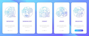Source control concepts blue gradient onboarding mobile app screen. Code walkthrough 5 steps graphic instructions with linear concepts. UI, UX, GUI template. Myriad Pro-Bold, Regular fonts used