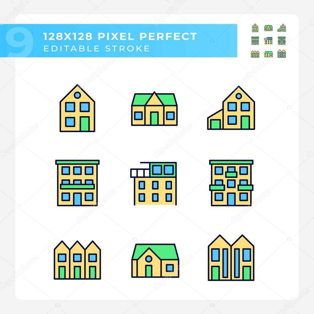 Property purchase pixel perfect RGB color icons set. Real estate agency. Apartments and houses. Luxury property. Isolated vector illustrations. Simple filled line drawings collection. Editable stroke