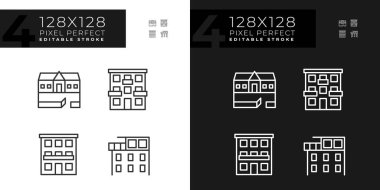 Apartment types pixel perfect linear icons set for dark, light mode. Ranch house. Condominium. Luxury penthouse. Thin line symbols for night, day theme. Isolated illustrations. Editable stroke
