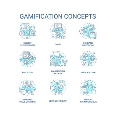 Gamification turquoise concept icons set. Integration of play in non game contexts idea thin line color illustrations. Isolated symbols. Editable stroke. Roboto-Medium, Myriad Pro-Bold fonts used