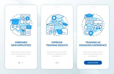 Gamification in corporate training blue onboarding mobile app screen. Walkthrough 3 steps editable graphic instructions with linear concepts. UI, UX, GUI template. Myriad Pro-Bold, Regular fonts used