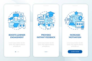 Gamification benefits in e learning blue onboarding mobile app screen. Walkthrough 3 steps editable graphic instructions with linear concepts. UI, UX, GUI template. Myriad Pro-Bold, Regular fonts used
