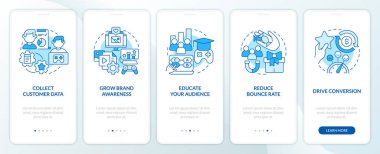 Digital marketing gamification pros blue onboarding mobile app screen. Walkthrough 5 steps editable graphic instructions with linear concepts. UI, UX, GUI template. Myriad Pro-Bold, Regular fonts used