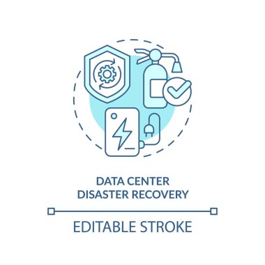 Data center disaster recovery blue concept icon. Prevent damage. Disaster recovery abstract idea thin line illustration. Isolated outline drawing. Editable stroke. Arial, Myriad Pro-Bold fonts used