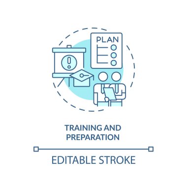 Training and preparation blue concept icon. Disaster recovery plan benefit abstract idea thin line illustration. Isolated outline drawing. Editable stroke. Arial, Myriad Pro-Bold fonts used