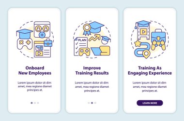 Gamification in corporate training onboarding mobile app screen. Walkthrough 3 steps editable graphic instructions with linear concepts. UI, UX, GUI template. Myriad Pro-Bold, Regular fonts used