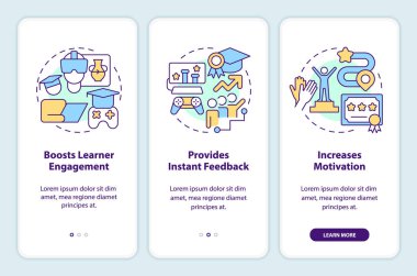 Gamification benefits in e learning onboarding mobile app screen. Walkthrough 3 steps editable graphic instructions with linear concepts. UI, UX, GUI template. Myriad Pro-Bold, Regular fonts used