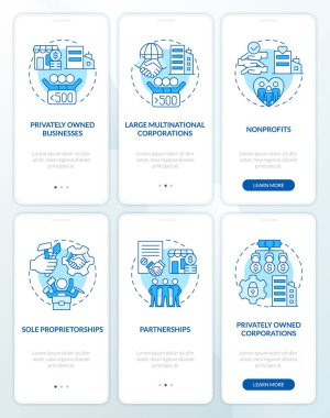 Private sector companies types blue onboarding mobile app screens set. Walkthrough 3 steps editable graphic instructions with linear concepts. UI, UX, GUI template. Myriad Pro-Bold, Regular fonts used