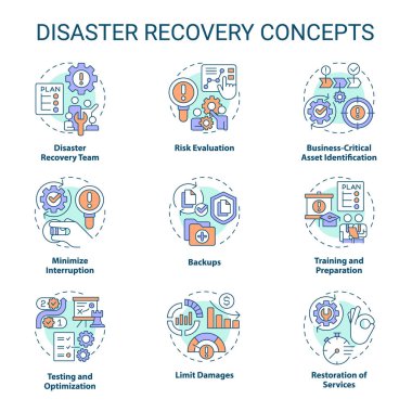 Disaster recovery concept icons set. Restore data. Reestablish system work idea thin line color illustrations. Isolated symbols. Editable stroke. Roboto-Medium, Myriad Pro-Bold fonts used