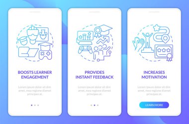 Gamification benefits in e learning blue gradient onboarding mobile app screen. Walkthrough 3 steps graphic instructions with linear concepts. UI, UX, GUI template. Myriad Pro-Bold, Regular fonts used