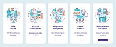 Private sector features onboarding mobile app screen. Business walkthrough 5 steps editable graphic instructions with linear concepts. UI, UX, GUI template. Myriad Pro-Bold, Regular fonts used