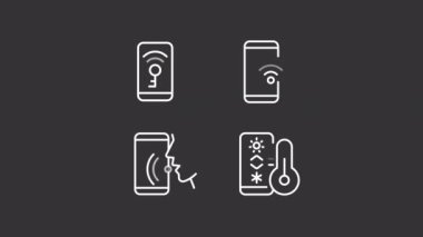 Canlandırılmış cep telefonu beyaz çizgi simgeleri. Akıllı telefon kontrolü. Krom anahtarlı HD video, şeffaf arkaplanda alfa kanalı, siyah katı arkaplan. Taslak hareketli grafik canlandırması