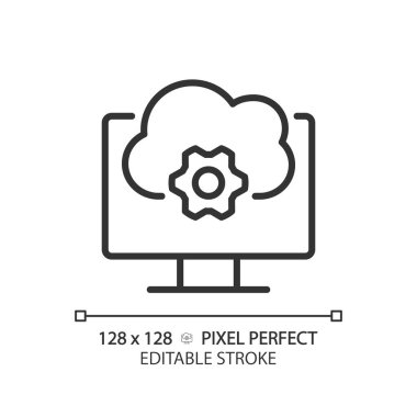 Cloud based software pixel perfect linear icon. Application online support. Computing technology in programming. Thin line illustration. Contour symbol. Vector outline drawing. Editable stroke