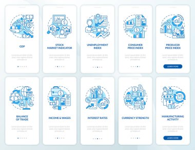 Economic factors blue onboarding mobile app screens set. Walkthrough 5 steps editable graphic instructions with linear concepts. UI, UX, GUI template. Myriad Pro-Bold, Regular fonts used