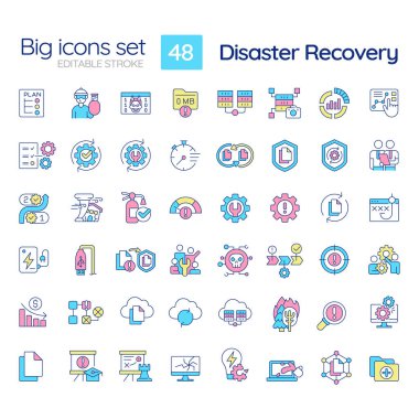 Disaster recovery RGB color icons set. Maintain infrastructure. Data loss prevention. Protect computer system. Isolated vector illustrations. Simple filled line drawings collection. Editable stroke
