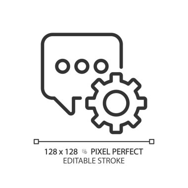 Message settings pixel perfect linear icon. Messenger app configurations. Personalize interaction. Chat bubble and gear. Thin line illustration. Contour symbol. Vector outline drawing. Editable stroke