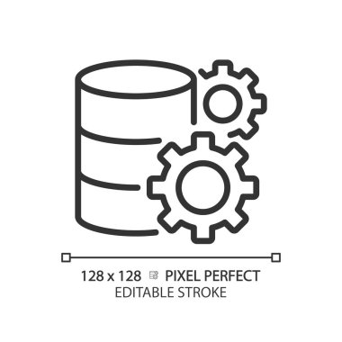 Data settings pixel perfect linear icon. Database configurations. Storage adjustment. Digital record of files. Thin line illustration. Contour symbol. Vector outline drawing. Editable stroke